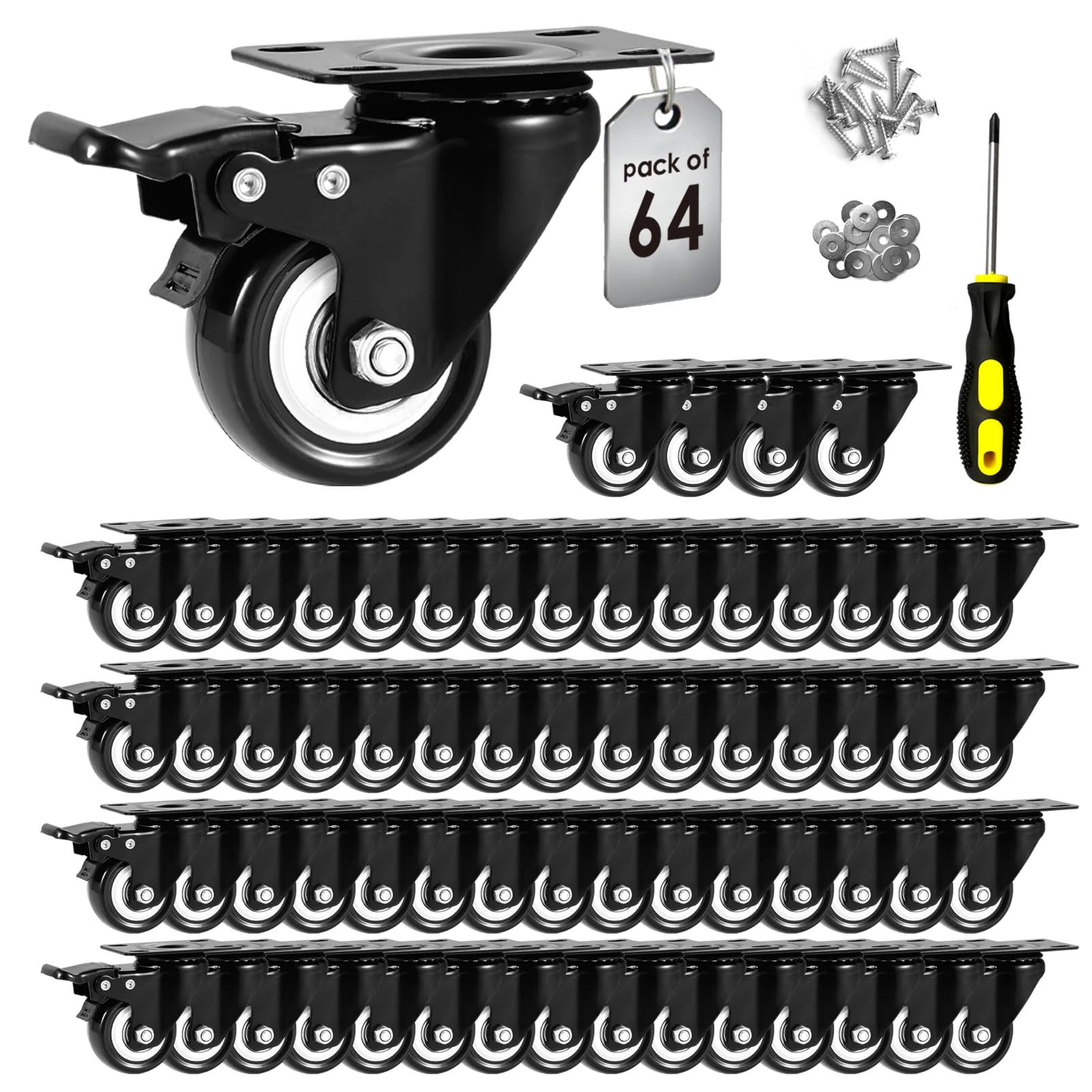 2" Caster Wheels Set of 64, Heavy Duty Casters with Brake, No Noise Locking Casters with Polyurethane (PU) Wheels, Swivel Plate Castors Pack of 64