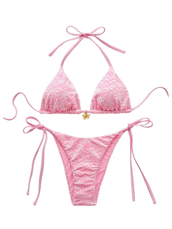 GORGLITTER Women's Floral Halter Tie Swimwear Triangle String Tie Bottom Textured 2 Piece Bikini Bathing Suits Pink Small
