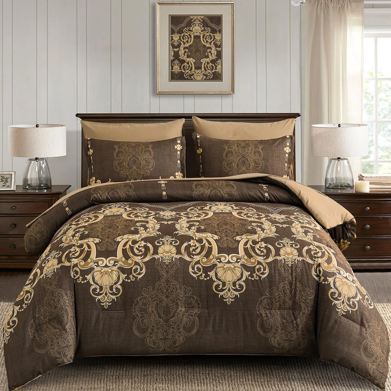 Mybedsoul 7 Pieces Coffee Comforter Set King Size, Damask Bed in a Bag for King Bed, Lightweight Microfiber Boho Bedding Sets with Comforter, Sheet, Pillowcases & Shams for All Season(90"x104")
