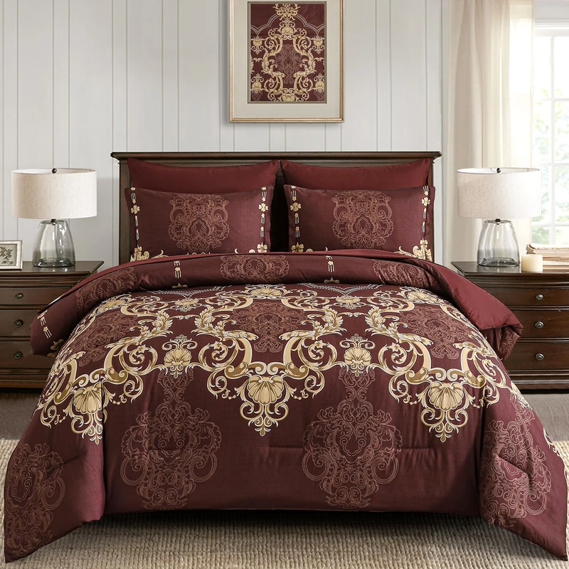 Mybedsoul Burgundy Queen Comforter Set, 7 Pieces Boho Bed in a Bag for Queen Bed, Damask Comforter with Sheets Pillowcases, Soft Microfiber Lightweight Bedding Sets for All Season(90"x90")