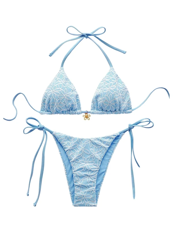 GORGLITTER Women's Floral Halter Tie Swimwear Triangle String Tie Bottom Textured 2 Piece Bikini Bathing Suits Light Blue X-Small
