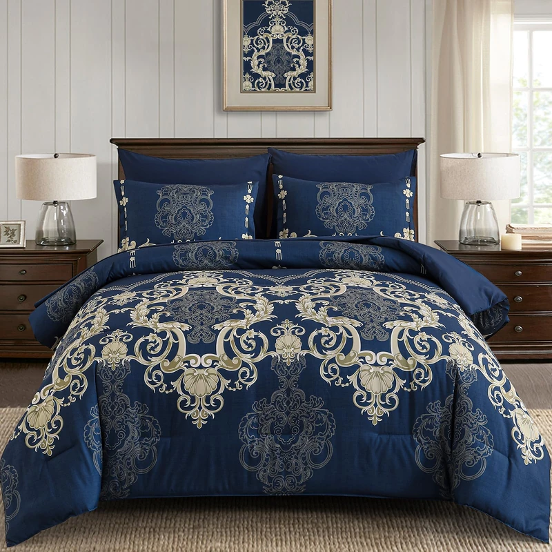 Mybedsoul 7 Pieces Blue Gold Comforter Set King Size, Damask Bed in a Bag for King Bed, Lightweight Microfiber Boho Bedding Sets with Comforter, Sheet, Pillowcases & Shams for All Season(90"x104")