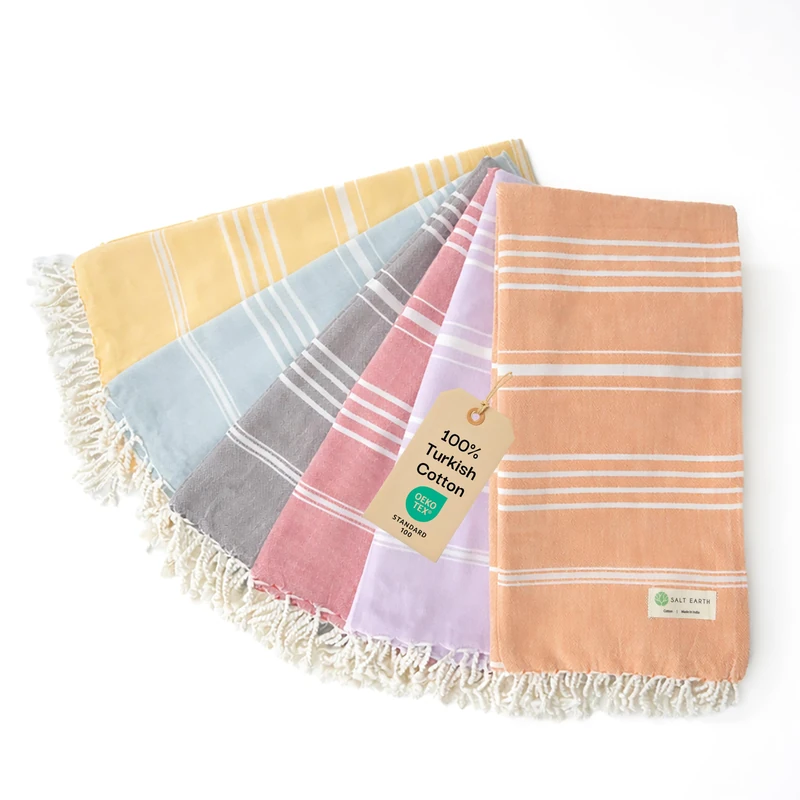 Salt Earth 100% Cotton Sateen Turkish Beach Towel (Set of 6, 36"x72") - Soft, Quick Dry, Absorbent Towels for Bathroom, Home, Travel, Pool, Spa, Bath, Swim - Beach Towels Oversized (Assorted Colors)
