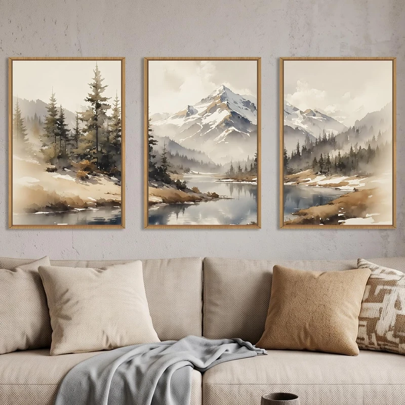 Ausril Boho Misty Mountain Watercolor Framed Canvas Wall Art Set-16"x24"x3