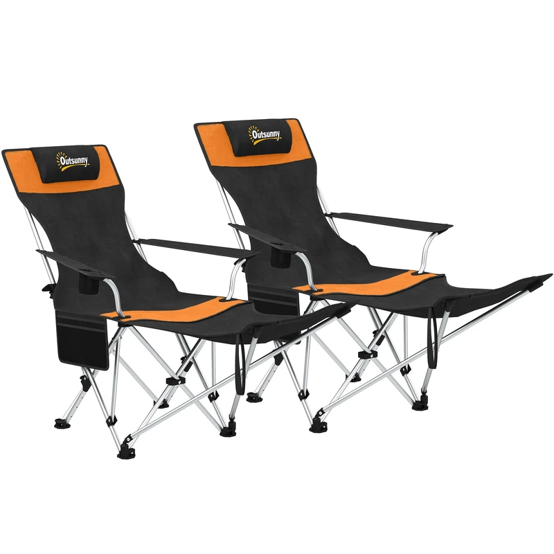 Outsunny Set of 2 Reclining Folding Camping Chair w/Detachable Footrest, Storage Bag, Cup Holder & Headrest, Lightweight Portable Camp Chair for Beach, Picnic, Orange and Black