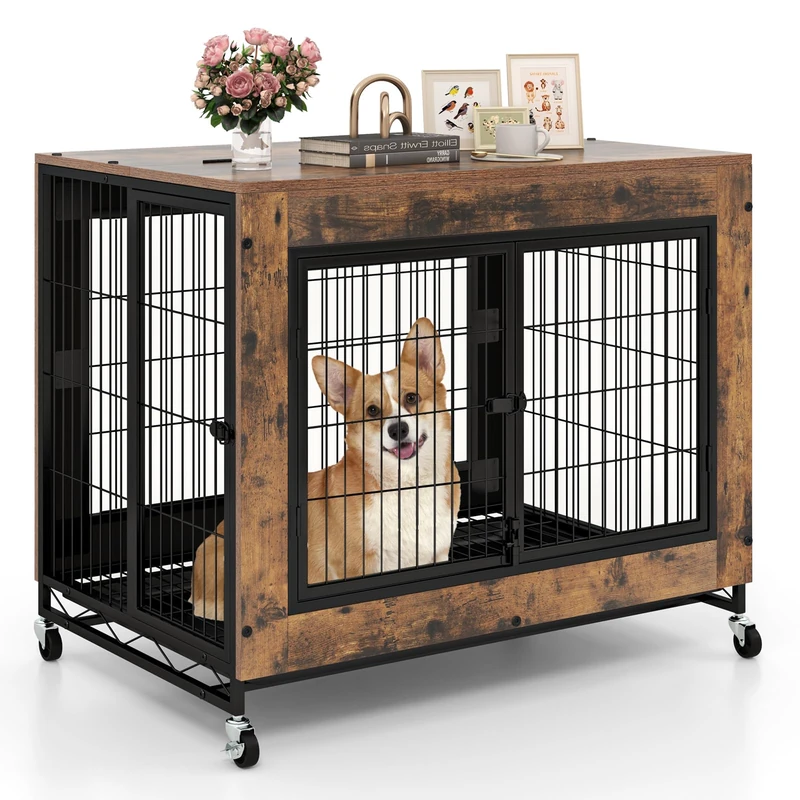 GYMAX Dog Crate Furniture, Wooden Dog Kennel on Wheels with Pull-out Tray, 3 Doors, Flip up Top Opening, Indoor Pet Kennel Side Table for Small and Medium Sized Dogs, 97 x 64 x 77 cm (Rustic Brown)