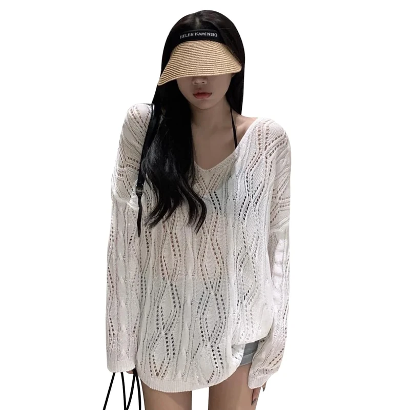 Hanaoops Women's Crochet Cover Up Sexy Backless Bikini Coverups Beachwear V Neck Hollow Out Swimwear Bathing Suit Summer Knit Pullover Beach Dress Long Sleeve Crochet Top See Through Tee Shirt