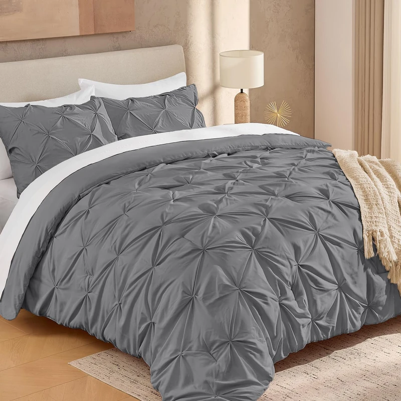 Andency King Pinch Pleat Medium Gray Comforter Set 3 Piece Bedding