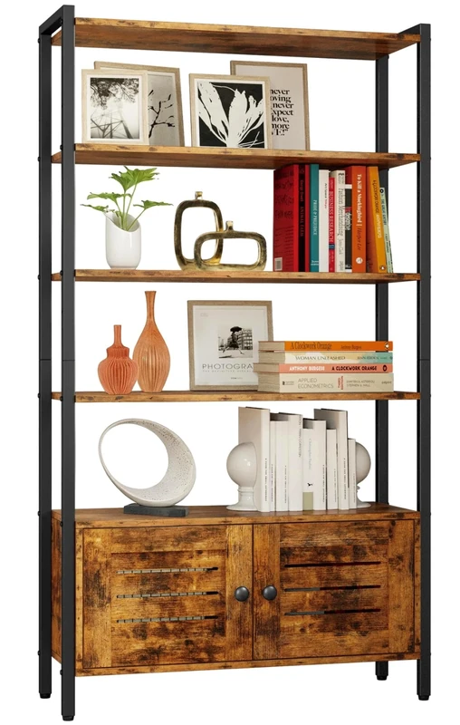IRONCK Bookshelf with Doors, Storage Shelf, Large Bookcase with Casters, 5 Tier Industrial Shelves, Adjustable Free Standing Display Shelf for Living Room, Office, Dinning Room, 70x30x144cm (Brown)