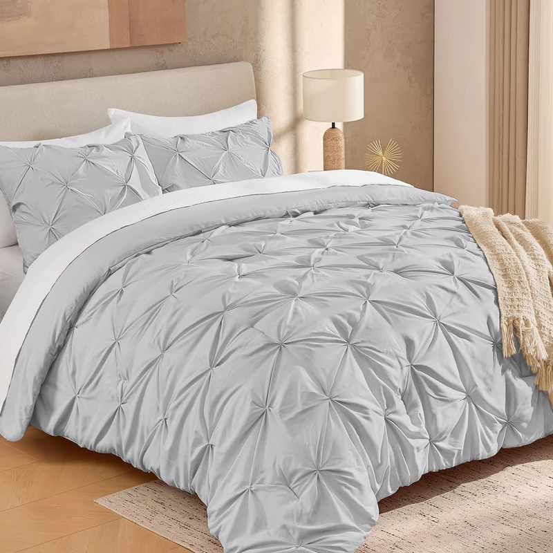 Andency Full Pinch Pleat Light Grey Comforter Set 3 Piece Bedding