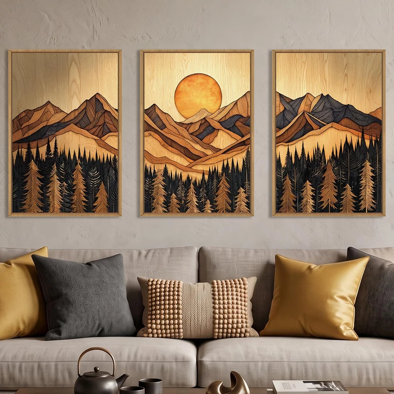 Ausril Boho Mountain Woodcut Framed Canvas Wall Art Set -16"x24"x3