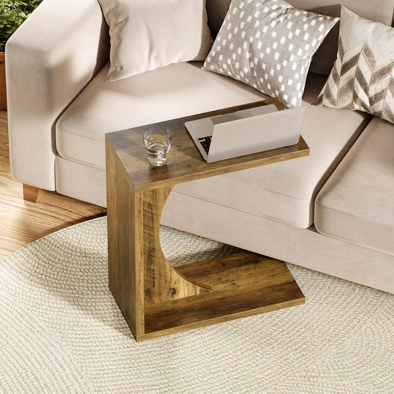 LITTLE TREE C-Shape End Table for Sofa & Bedroom - Small Side Table for Living Room, Over Couch Tray Stand for Laptop, Snacks, Books, Brown, 1 Pack