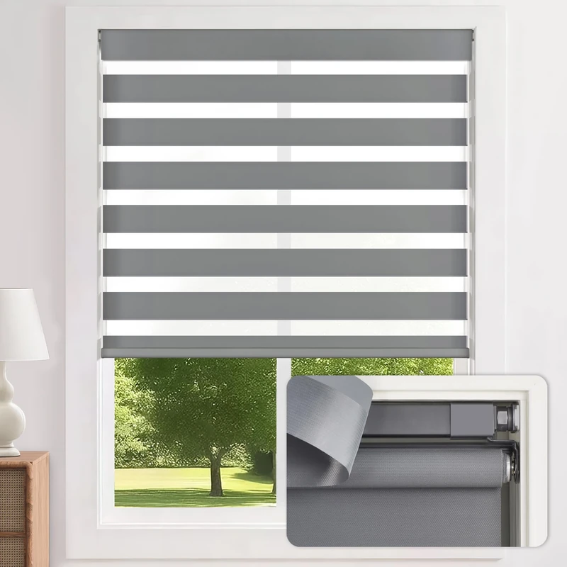 LazBlinds No Drill Zebra Blinds for Windows 34" W x 72" H, Grey