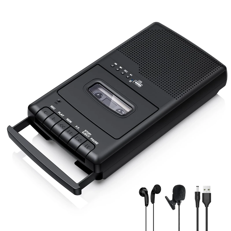 Portable Cassette Player Tap Recorder, Cassette Player Recorder, Cassette Tape Digital Converter to USB Flash Disk, Built-in Speaker, Retractable Handle, One Touch Recording (Black)