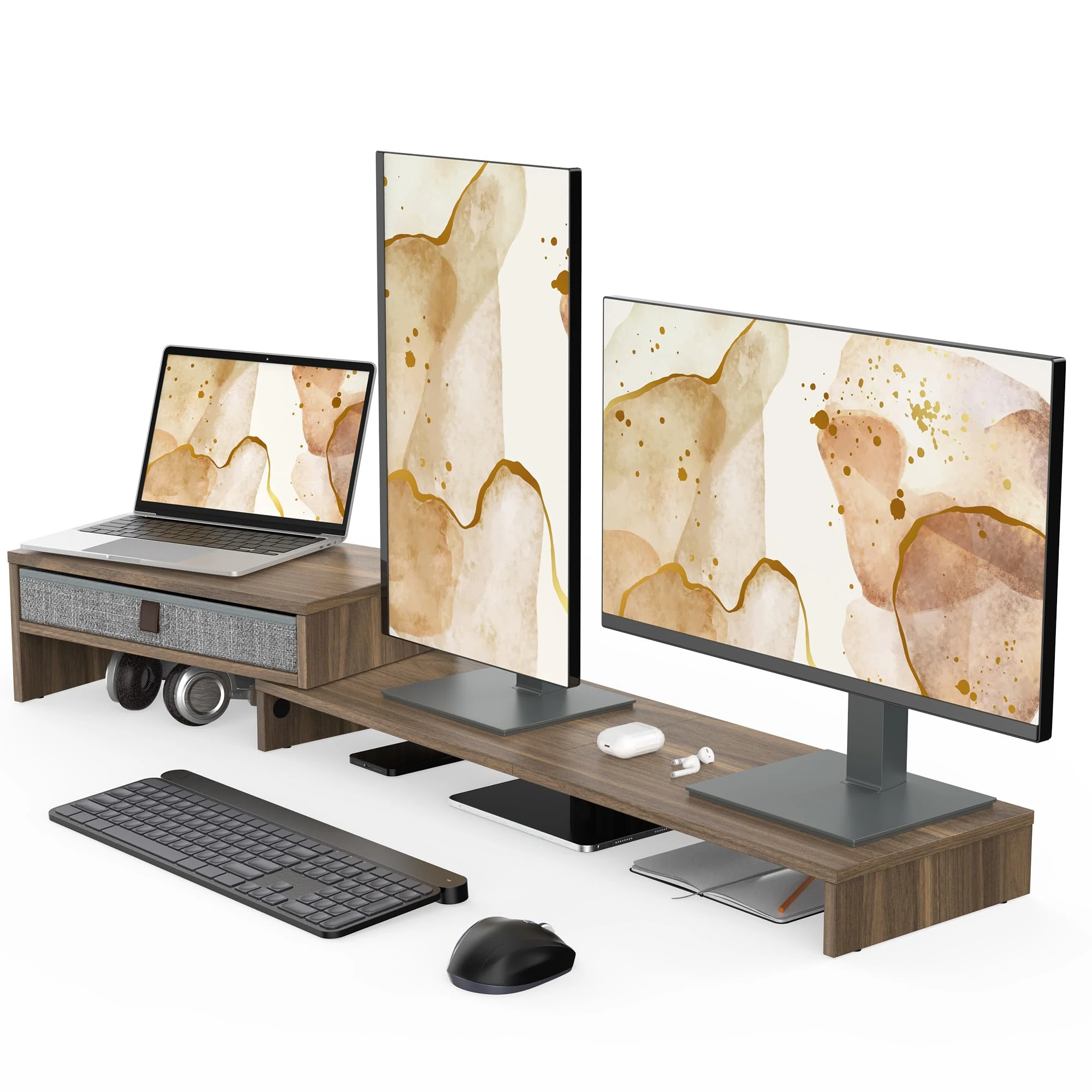 Fenge Monitor Stand Riser with Drawer 2 Shelf with Swivel and Adjustable Wood Computer Monitor Stands for 2 Monitors PC Laptop, Desktop Organizer (Brown)