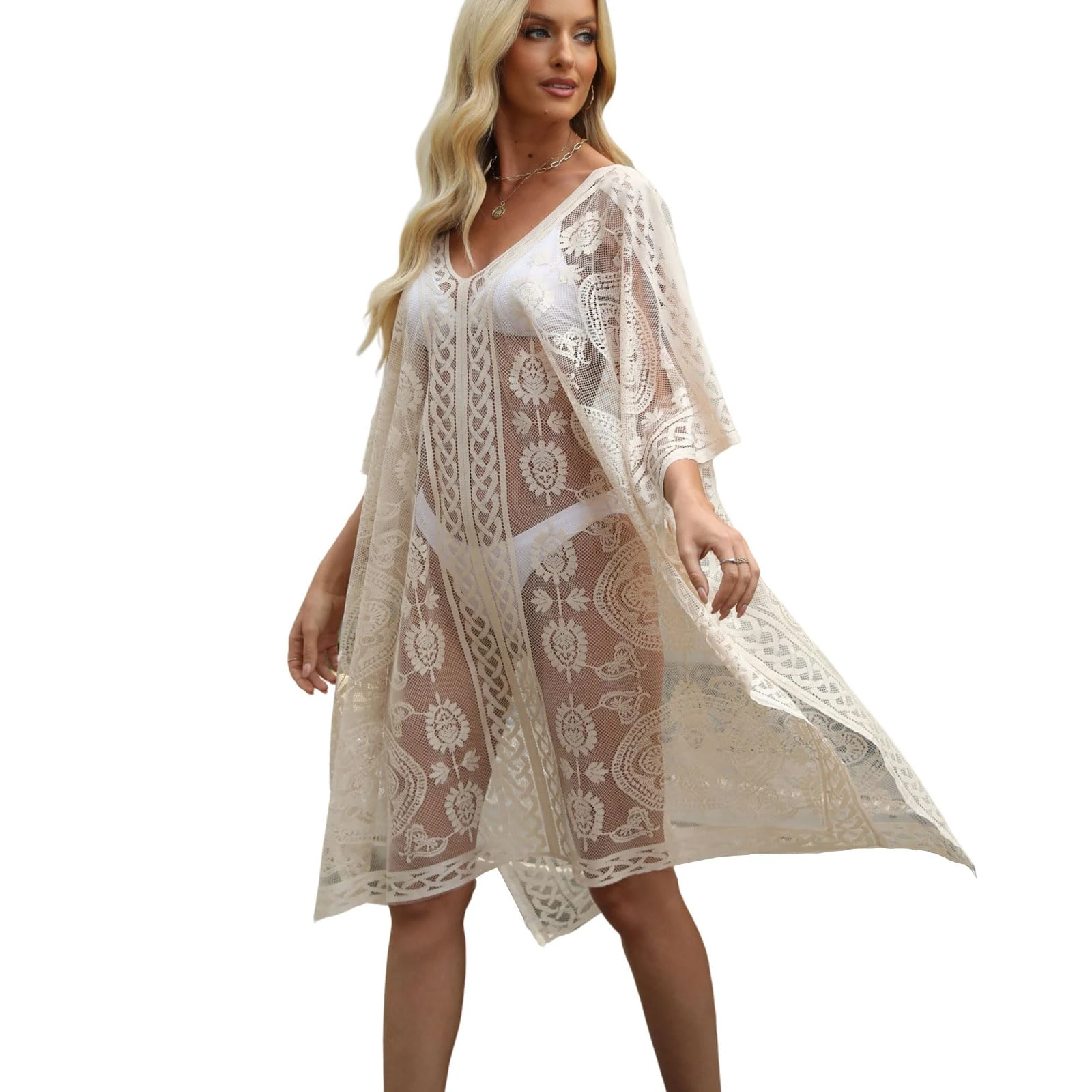 Hykiee Beach Coverups for Women, Plus Size Elegant Lace Kimono Beachwear for Ladies & Girls, Hollow Out Short Sleeve V-Neck Sexy Bikini Swimsuit Beach Cover Up Dress for Holidays, Poolside, Beige