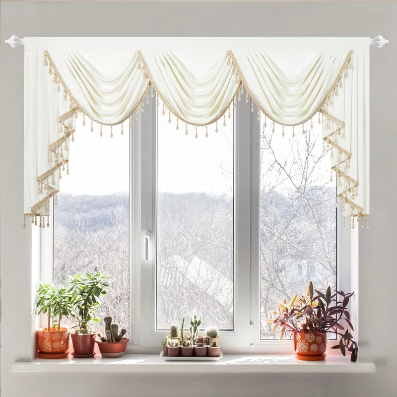 Leeva White Velvet Valance, Waterfall Swag with Retro Fringe, Elegant Curtains for Bedroom & Living Room Bay Windows, 43"x79"