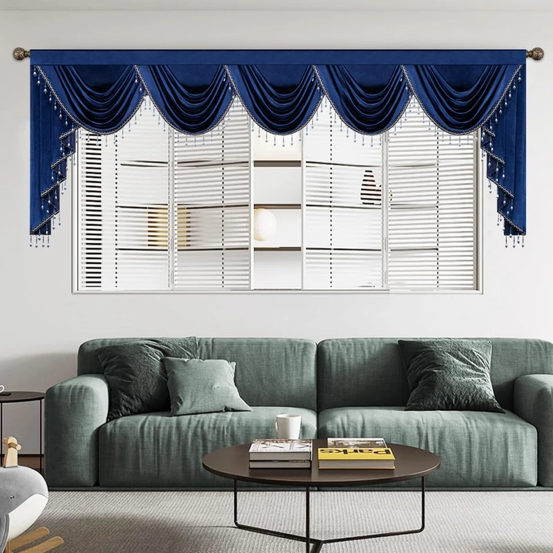 Leeva Vintage Velvet Valance, Blue Waterfall Swag, Beaded Tassel Trim Curtains for Wedding Banquet Window Treatments, 138"x43"