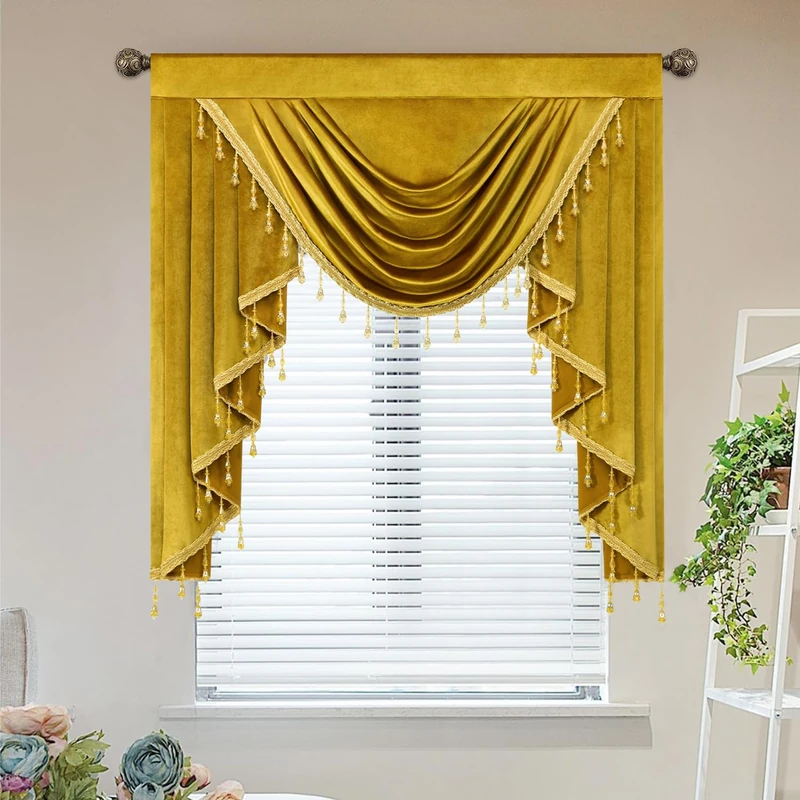 Leeva Yellow Velvet Valance Curtains for Windows, Vintage Waterfall Swag with Luxury Tassels, Rod Pocket Window Drapes for French Doors, 39"x43", European Home Decor