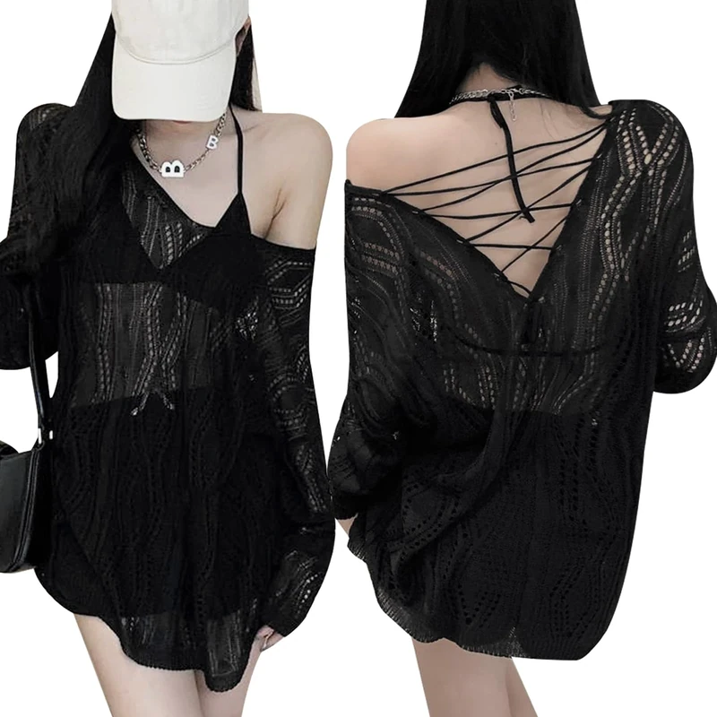 Hanaoops Women's Crochet Cover Up Sexy Backless Bikini Coverups Beachwear V Neck Hollow Out Swimwear Bathing Suit Summer Knit Pullover Beach Dress Long Sleeve Crochet Top See Through Tee Shirt