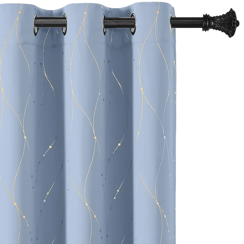 BUHUA Blackout Curtains Gold Foil Print Wave Line and Dots Grommet Drapes, Room Darkening Thermal Insulated Curtains, Noise Reducing Curtain for Bedroom, Blue, 52Wx72L, 2 Panels