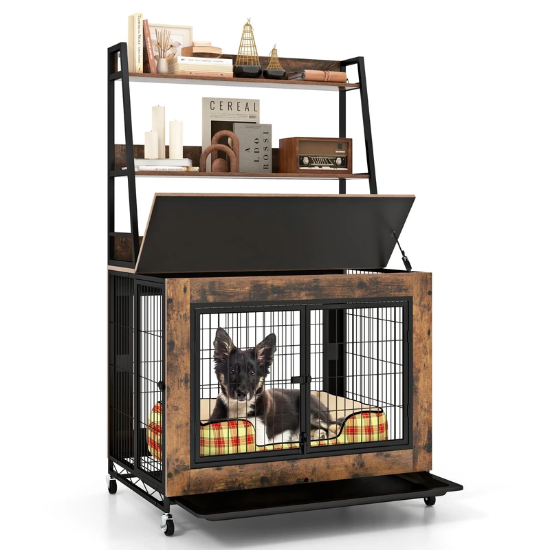 GYMAX Dog Crate Furniture with Storage Shelves, Heavy Duty Dog Kennel with Pull-out Tray, 3 Doors, Flip up Top Opening, Indoor Pet Kennel for Small and Medium Sized Dog