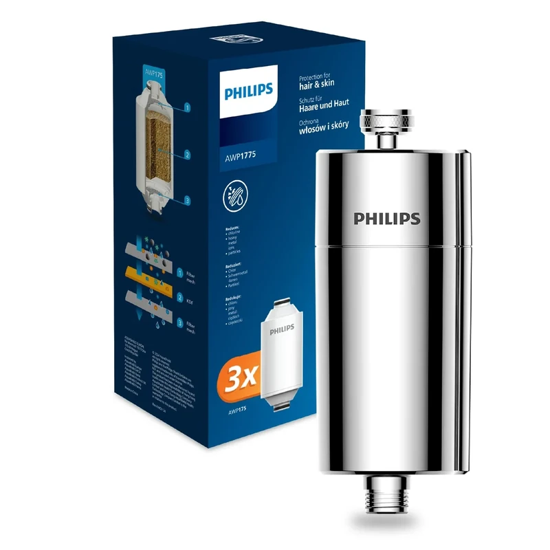 Philips Water in-Line Shower Filter and 3 Replacement cartridges, 50 000 L Filtration Capacity, Chrome, Reduces Chlorine by up to 99%, Easy to Install, fits All Standard Hoses and taps