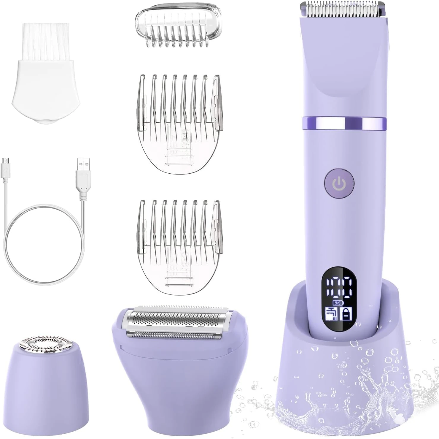 3-in-1 Electric Razor IPX7 Waterproof Bikini Trimmer Wet & Dry Use Painless Personal Trimmer Groomer for Ladies Face Body Legs Bikini Public Hairs Electric Lady Shaver with Replaceable Heads