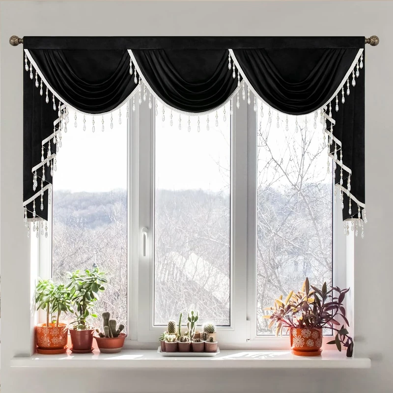 Leeva Black Velvet Valance, Waterfall Swag with Retro Fringe, Window Curtains for Bedroom & Living Room Bay Windows, 43"x79"