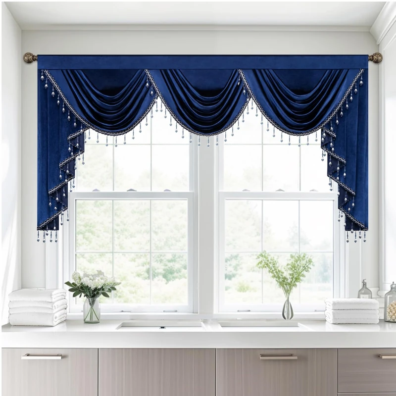 Leeva Extra Wide Velvet Valance, Blue Waterfall Swag with Tassels - Vintage European Window Curtains for French Doors & Bay Windows, Luxury Home Decor, 79"x43"