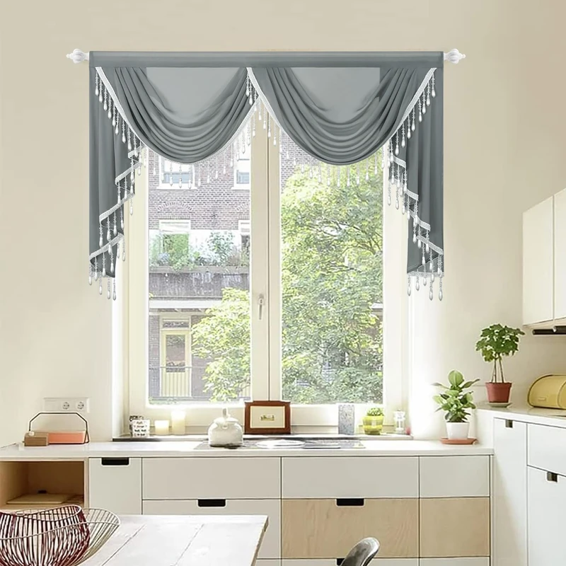 Leeva Slate Grey Voile Valance, Double Swag Wide Waterfall Valance with Beaded Trim, 59" Wide Sheer Curtain for Home Office & Study Room Windows