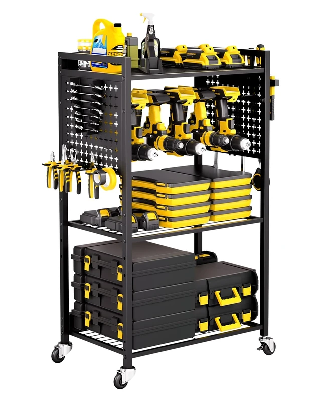 VEVOR 4-tier Tool Organizer Cart, 150 lbs Load Capacity, Floor Stand Rolling Drill Holder and Stability Storage Rack, Heavy Duty Garage Floor Rolling Storage Cart for Workshop, Garage, Black