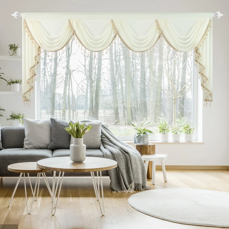 Leeva Elegant Voile Valance, Retro Waterfall Swag with Crystal Accents, 110" Wide Airy Sheer Curtain for Cathedral Windows & Church Event Decor