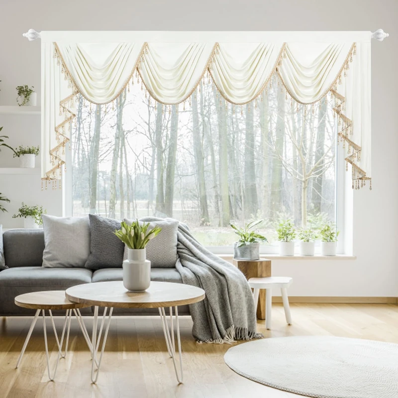 Leeva White Velvet Valance, Waterfall Swag Curtain - Thermal Insulated Window Treatment for French Doors & Sliding Glass Doors, 43"x110"