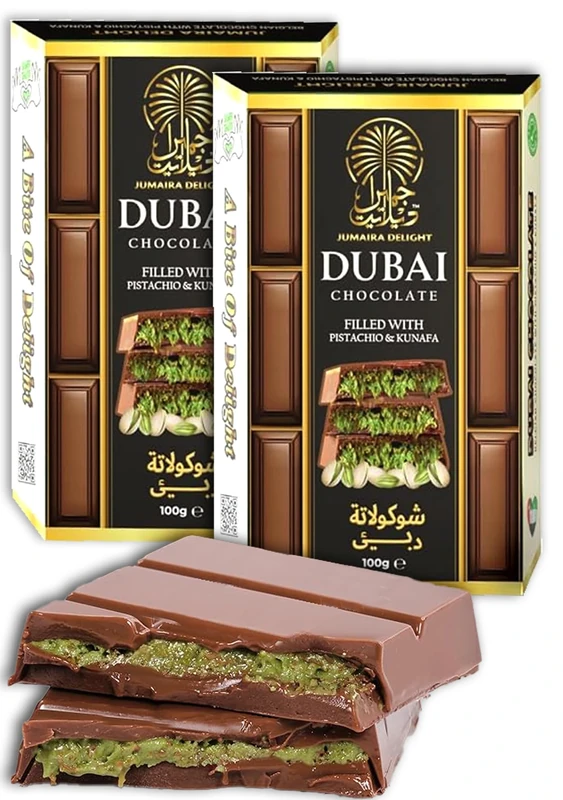Dubai Chocolate Bar Pistachio – 200g Kunafa Bar with Pistachio Cream Filling – Luxurious Fix Dubai Chocolate – Best Gifts for Kids, Family & Friend (Pack of 2)