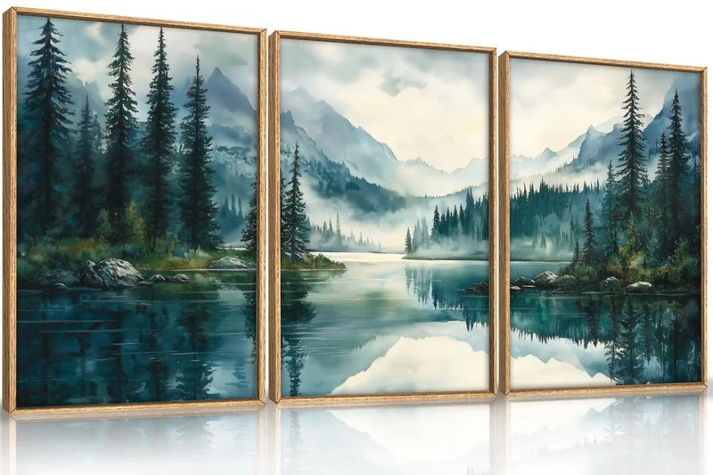 HLNIUC Green Foggy Forest Mountain Wall Art Framed,Large Boho Watercolor Pine Tree Wall Decor set of 3 (16"x24"), Nature Dark Lake Landscape Scenery Canvas Painting for Living Room, Bedroom, Office