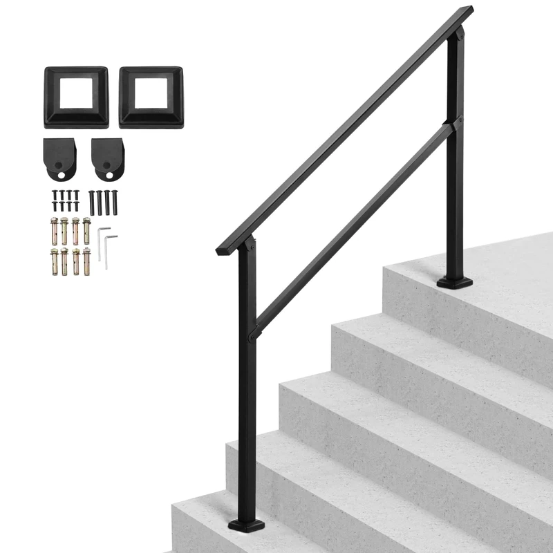 VEVOR Outdoor Handrails for Steps, 4-5 Step Stair Rail Kit, Black Square Tube with Horizontal Bar, Carbon Steel Support Rails for Seniors, Concrete & Deck Stairs, Easy Installation