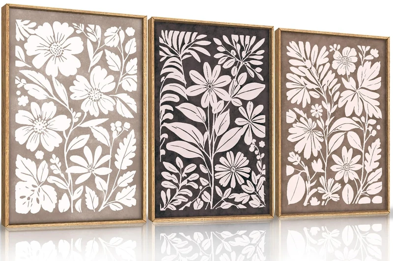 HLNIUC Black Brown Botanical Flower Wall Art Framed, Neutral Minimalist Wildflower Wall Decor set of 3 (16"x24"), Rustic Farmhouse Grey Canvas Painting, Nature Prints for Living Room, Bedroom, Office