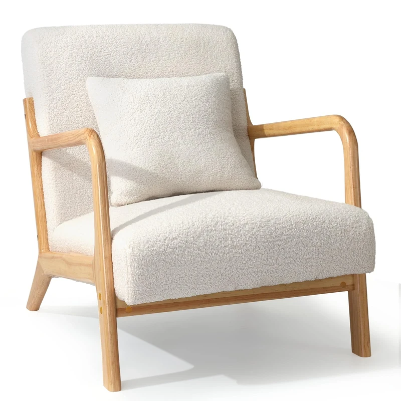 YODOLLA Accent Armchair Living Room, Mid-century Solid Wood Frame & Plush Beige Upholstery Lounge Chairs Modern Tub Reading Chair for Bedroom, White Cushion