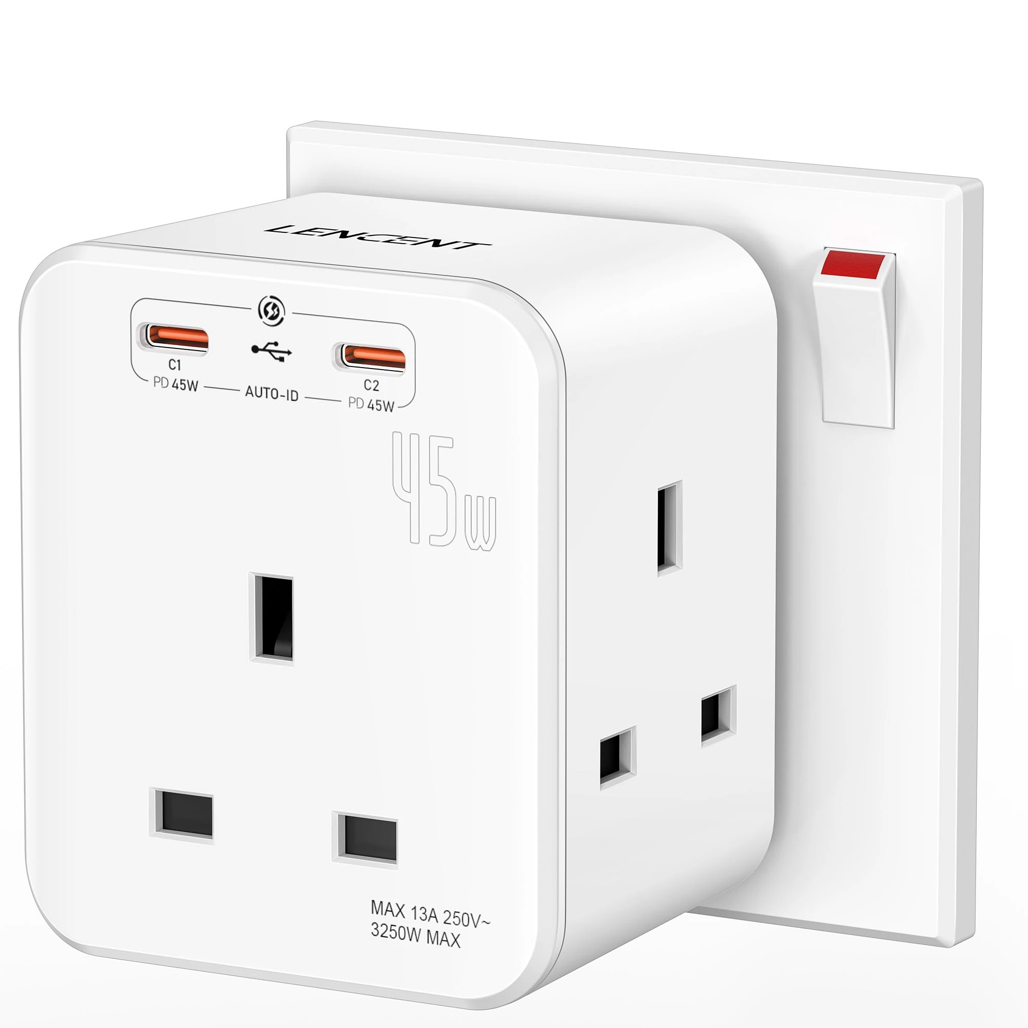 LENCENT 3 Way Plug Extension Socket with 2 Fast Charge USB, 5-in-1 Cube Multi Plug Extension with PD45W USB C Wall Charger, Plug Extender for Home, Office, Kitchen, 13A 3250W