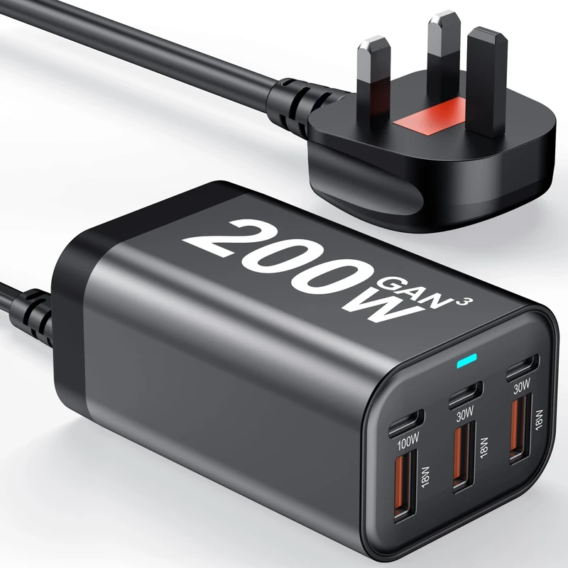 USB C Charger Block 200W 6 Port GaN Fast Charging Station Hub for Laptop, iPad, iPhone 17 Pro Max Fast Charger Pixel DELL MacBook Pro/Air Galaxy S25 Steam Deck USB C 100W Adapter for Android