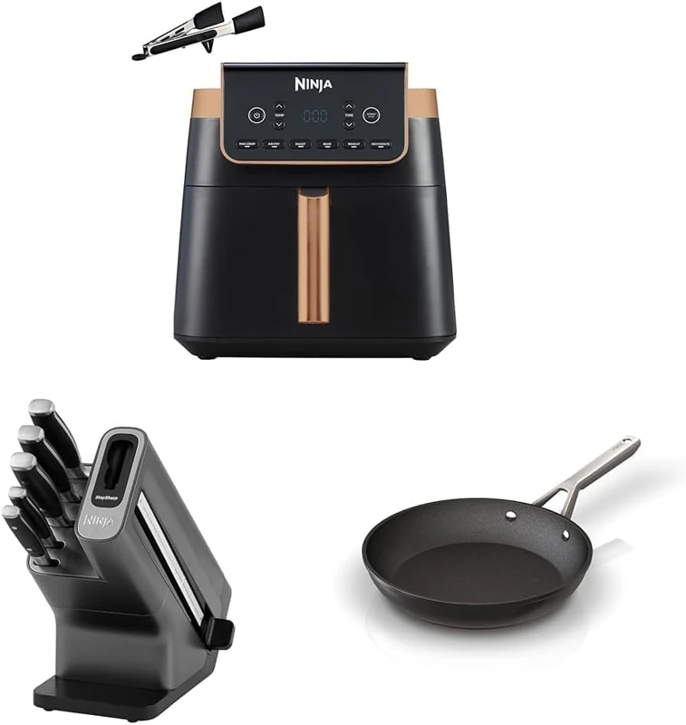 Ninja Essentials Cooking Starter Pack: Includes 6.2L Black/Copper Air Fryer With Silicone Tongs + StaySharp Knife Block with Integrated Sharpener & Ninja ZEROSTICK Essentials Cookware 24cm Frying Pan - Image 1
