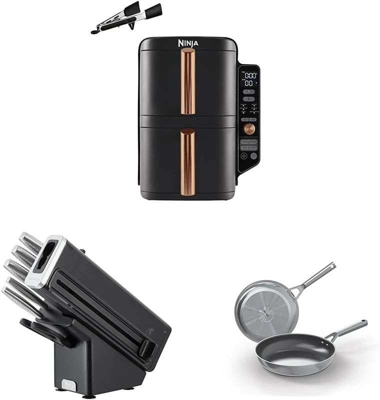 Ninja Stainless Steel Cooking Starter Pack- Includes Double Stack XL Air Fryer 9.5L With Silicone Tongs + 6 Piece Knife Block with Integrated Sharpener & Ninja ZEROSTICK 2-Piece Frying Set