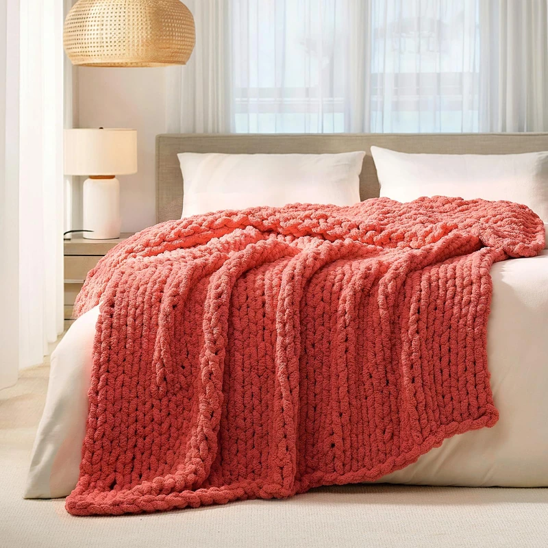 L'AGRATY Chunky Knit Blanket Throw: 50''x60'' Chenille Chunky Knitted Throw Blankets for Bed Couch - Handmade Thick Cable Knit Blanket - Large Crochet Rope Blankets for Home Decor(Coral Pink)