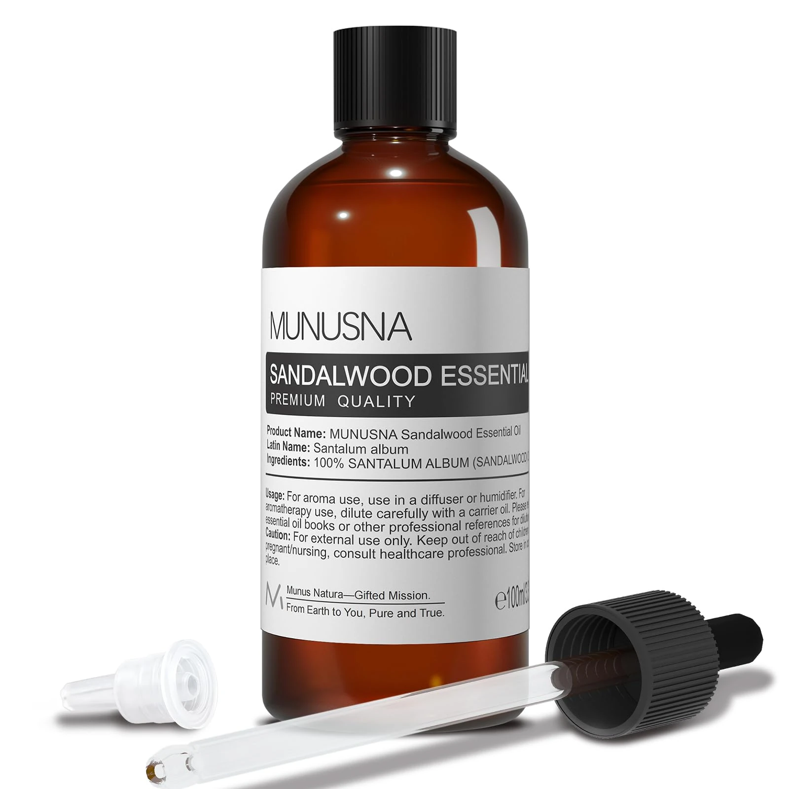 Sandalwood Essential Oil, MUNUSNA 100% Natural Sandalwood Oils for Aromatherapy Skin Hair Care, Pure and Natural Essential Oils for Aroma Diffuser, Candle Making, Soaps, 100ml