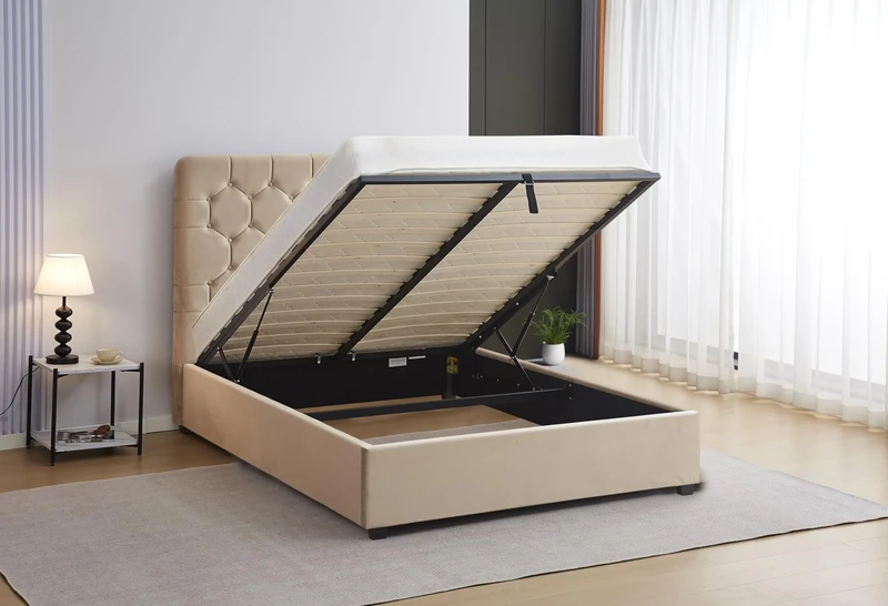 Seconique Madison 5' King Ottoman Gas Lift Storage Bed in Fawn Velvet Fabric