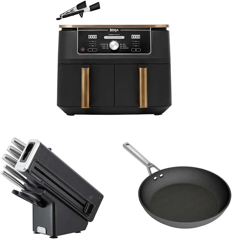 Ninja Premium Cooking Pack - Includes Dual Zone Air Fryer 9.5L Copper/Black + StaySharp Stainless Steel 6-Piece Knife Set, Charcoal + ZEROSTICK Premium 28cm Aluminium Frying Pan