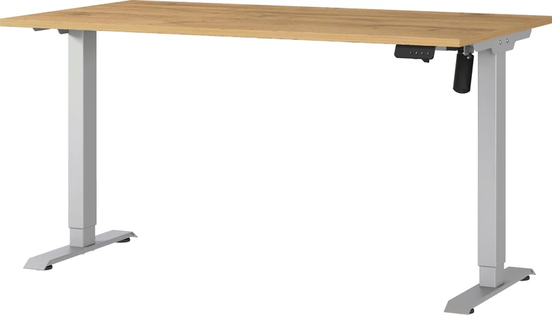 Germania Desk 8023-638, in Grandson-oak repro/Silver, electr. height-adjustable, single-engined, 140 x 119 x 80 cm (WxHxD)