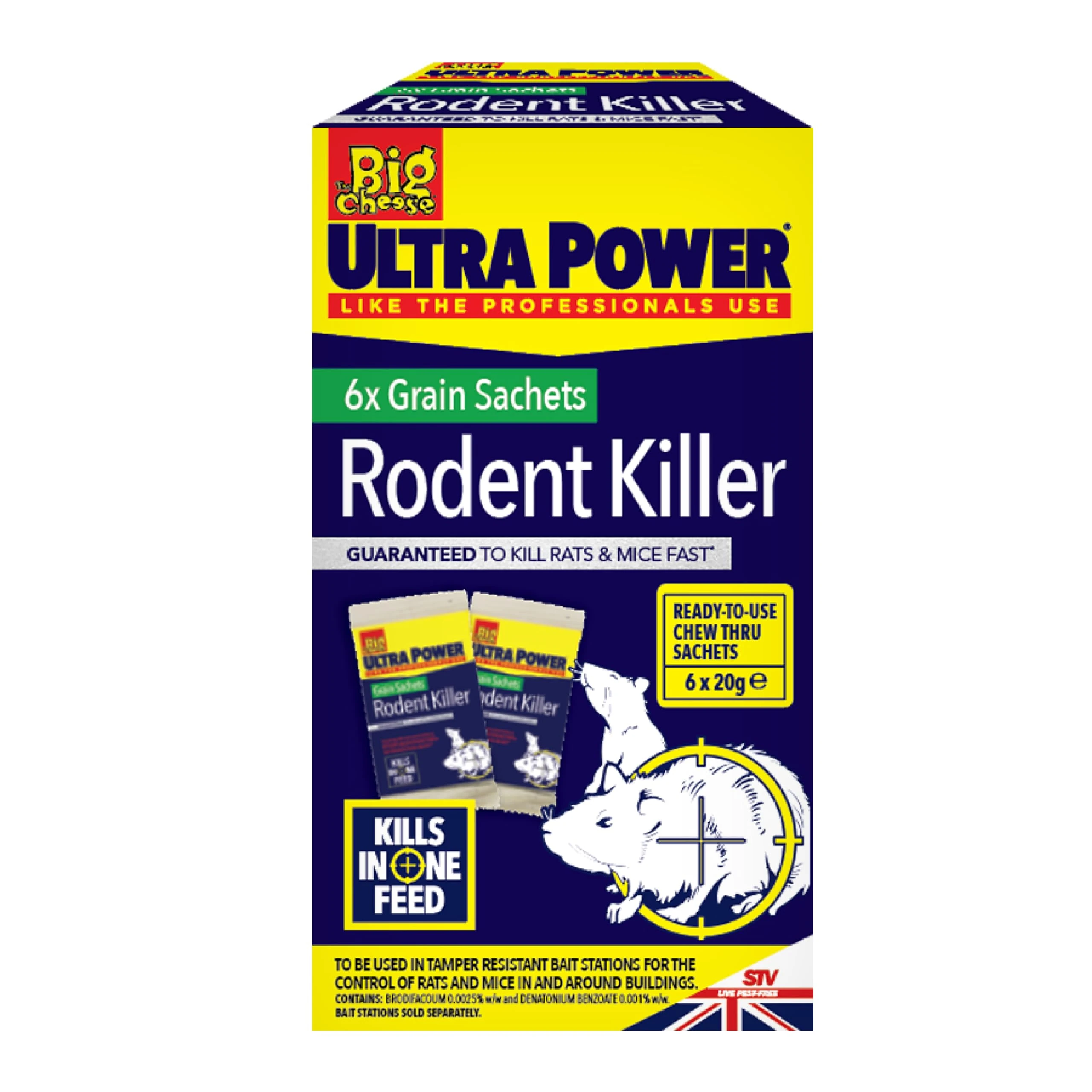 The Big Cheese Ultra Power Grain Bait Rodent Sachets - Highly Effective Single Feed Rodent Control Solution - Indoor & Outdoor, Weather-Resistant - 20g x 6