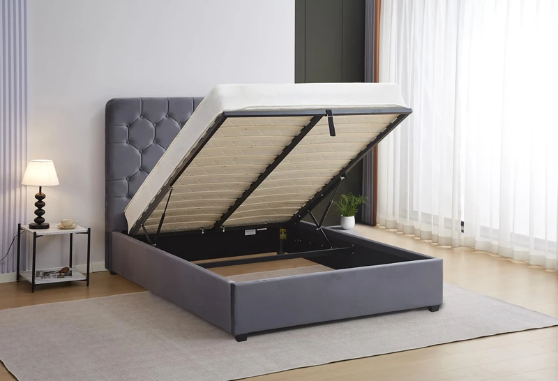 Seconique Madison 5' King Ottoman Gas Lift Storage Bed in Grey Velvet Fabric